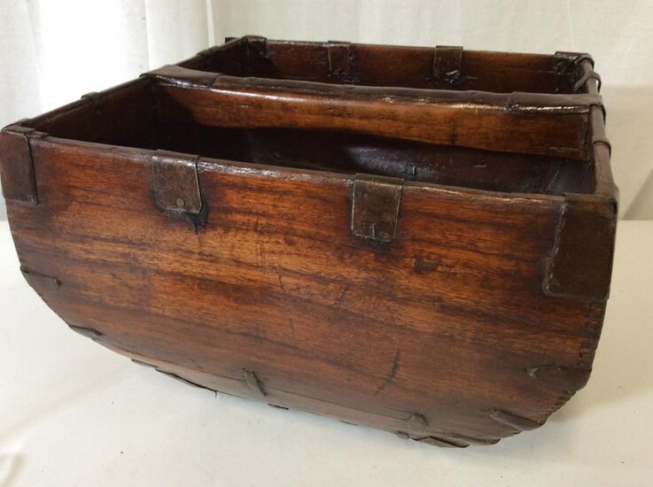 Antique Dark Wooden Basket W Handle