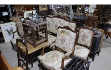 Antique French walnut five piece suite, comprising a settee,...