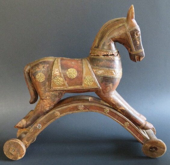 Antique Wooden Temple Toy Horse on Wheels, 1800s India
