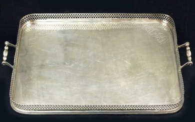 Antique hand-made sterling silver tray with handles, marked" STERLING"