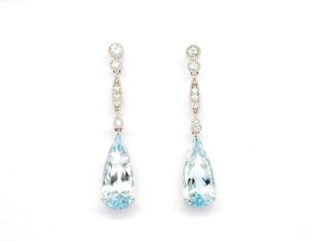 Aquamarine, diamond set 18ct white gold drop earrings. Marke...