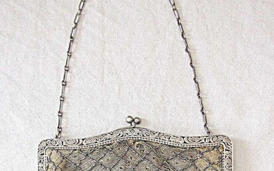 Art deco Silver 800 mesh and silk with beads Women’s Handbag 360 gr.