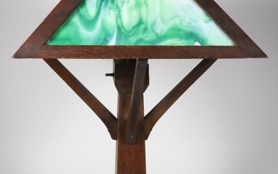 Arts and Crafts Mission Oak and Green Slag Glass Table Lamp