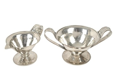 Arts & Crafts style silver plated cream jug & sugar bowl.