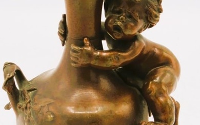 Auguste Moreau Bronze Vase w/ Cherub H: 6" France