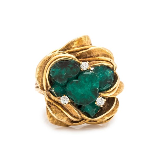 BRUTALIST, SYNTHETIC EMERALD AND DIAMOND RING