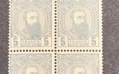 Belgian Congo 1887 - Leopold II in profile looking at the right - 5 FR grey in a block of four - OBP / COB 12