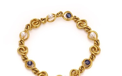 Bracelet Yellow gold, Jules Rousseau French 24kt. yellow gold blue sapphire and natural pearl Sapphire