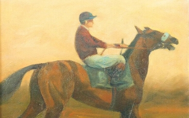 British School, early/mid 20th century- Mr Twiller on horseback; oil on canvas laid down on board, signed with initials (lower right), 24 x 25.9 cm.