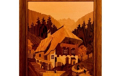 Buchschmid & Gretaux Framed Marquetry, Black Forest Mill
