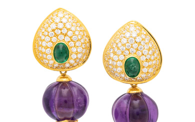 CARVED AMETHYST, EMERALD AND DIAMOND CONVERTIBLE CLIP EARRINGS