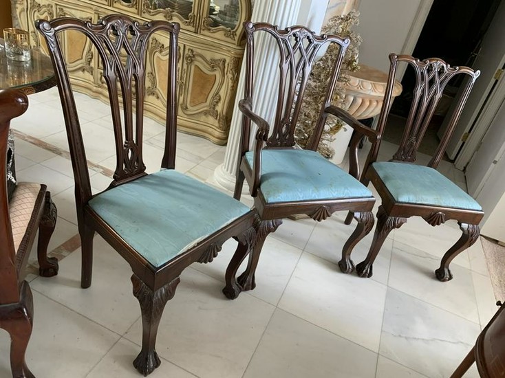 CARVED FRENCH CHERRY WOOD BLUE SEAT CHAIRS X 3