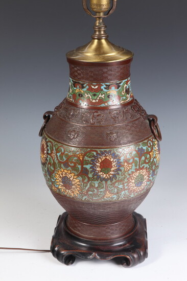 CHAMPLEVE ENAMELED BRONZE BALUSTER FORM VASE MOUNTED AS TABLE LAMP,...