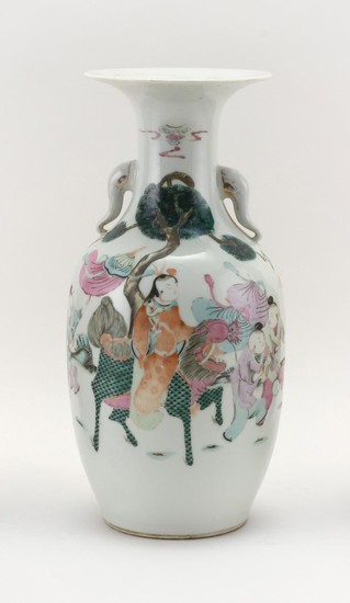 CHINESE FAMILLE ROSE PORCELAIN VASE In baluster form, with elephant's-trunk handles at neck showing traces of gilding, and decoratio..
