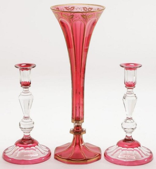 CONTINENTAL GLASS CANDLESTICKS & VASE C. 1890