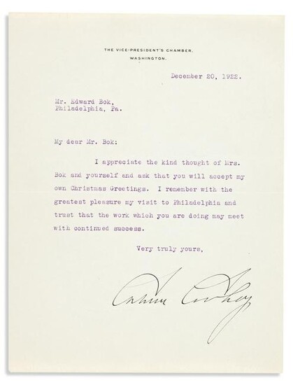 COOLIDGE, CALVIN. Typed Letter Signed, as