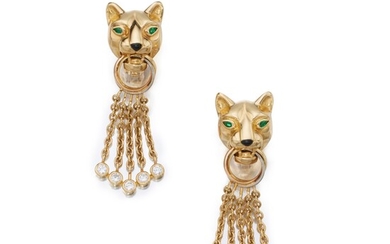 Cartier Pair of Gold, Emerald, Diamond and Onyx 'Panthère' Earclips, France