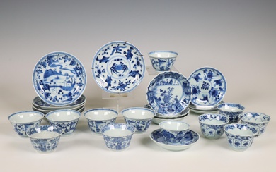 China, collection of blue and white cups and saucers, 18th century