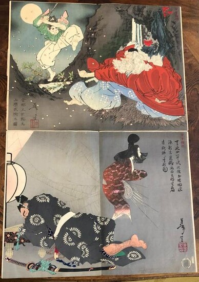 Japanese, 19th Century, Two Mythical Scenes, woodblock
