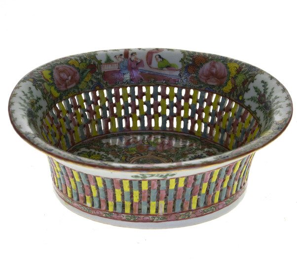 Chinese Famille Rose Reticulated Porcelain and Enamel Basket Bowl.