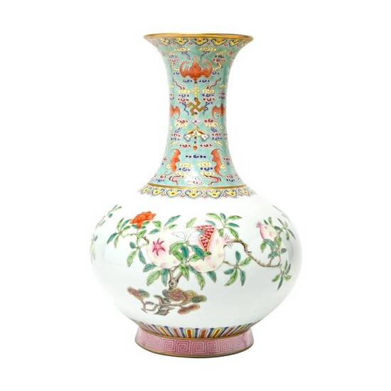 Chinese Famille Rose 'Sanduo' Vase/Bronze Stand