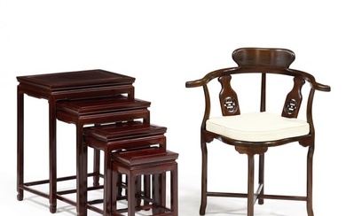 Chinese Hardwood Corner Chair and Nesting Tables