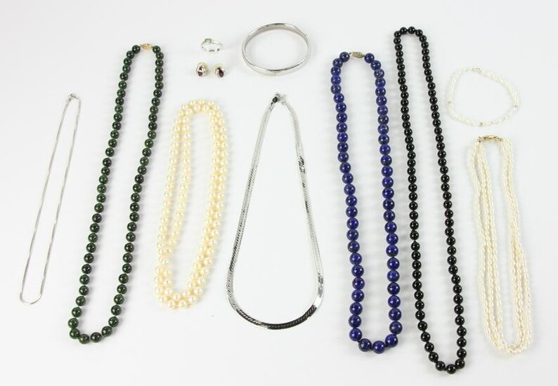 Chinese Jade Lapis, Pearl, Sterling Necklaces