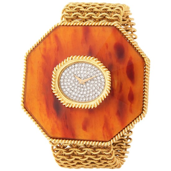 Chopard. Oversize and very Attractive Tortoise Shell Diamond Wristwatch in Yellow Gold