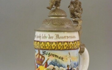 Chope de réserviste en porcelaine émaillée polychrome du 66ème Régiment pour le soldat BOGENMAN, centrée...