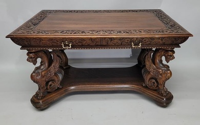Circa 1880's RJ. Horner Heavily Carved Oak Full Standing Griffin Library partners Desk or Table
