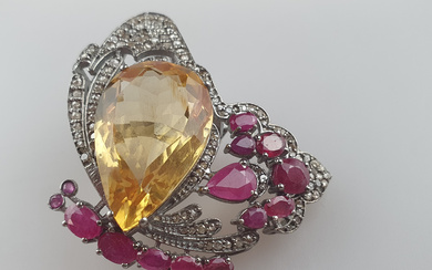 Citrine, Ruby and Diamond Brooch with Citrine approx 18cts, Ruby 5cts and Diamonds 2cts.