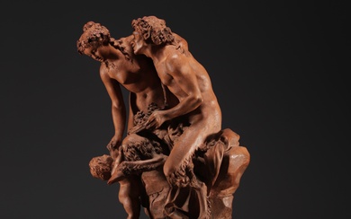 Claude Michel CLODION (1738-1814) d'après, "Nymphe et Faune", sculpture en terre cuite, signée sur la...