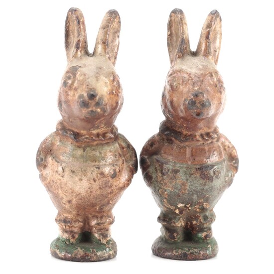 Cold Painted Cast Iron Miniature Rabbit Figurines, Early 20th Century