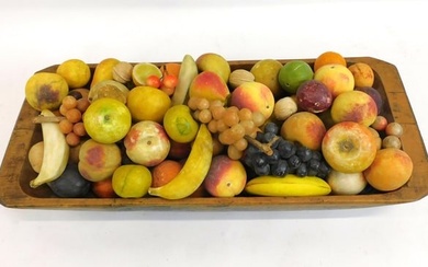 Collection of stone fruit with painted trencher.