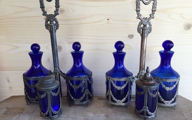 Condiment set, Cruet stand, Salt and pepper shakers, oil and vinegar (8) - .915 silver, Cobalt crystal - Spain - First half 20th century
