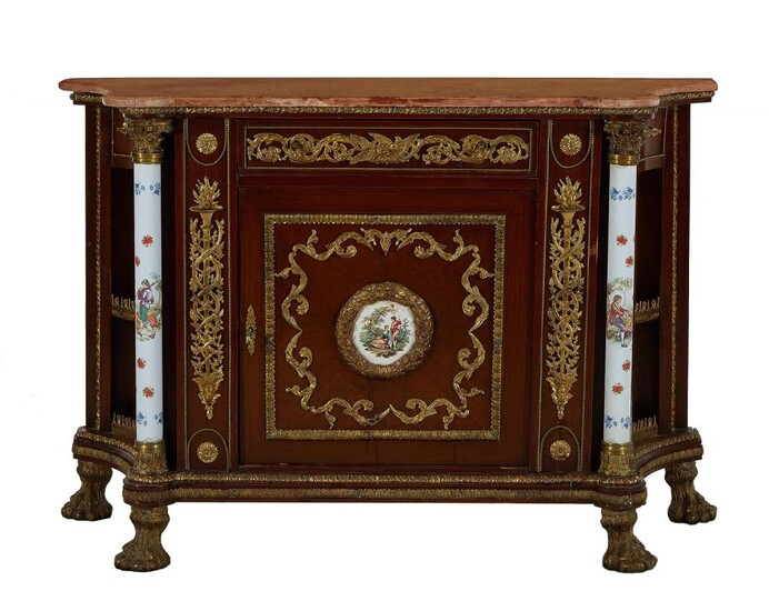 Continental style mahogany, bronze and marble console cabinet