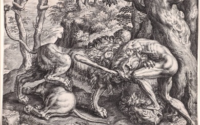 Cort, Cornelis (1533-1578). Hercules strangles the Nemean lion. Engraving after...