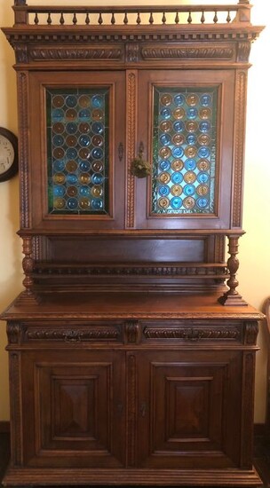 Credenza (1) - Stained glass, Walnut, Wood - Early 20th century