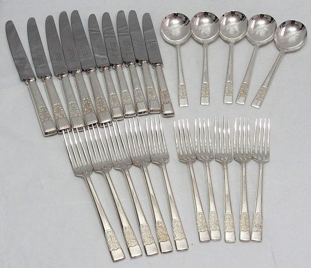 Cutlery, Set With Flower And Leaf Pattern Handle (25) - Silverplate, Steel (stainless)