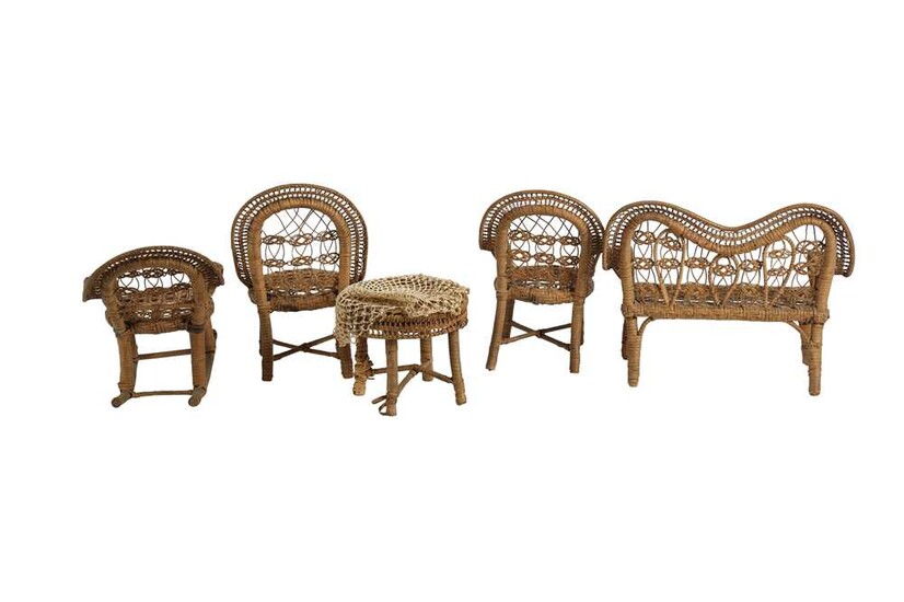 DOLLS: A MINIATURE WOVEN RATTAN DOLLS SALON SUITE, PROBABLY LATE 19TH/EARLY 20TH CENTURY