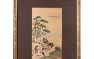 Decapitation of a Samurai, a Japanese Rinpa school gold leaf painting, Edo/Meiji period