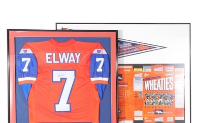 Denver Broncos John Elway Signed Framed Football Jersey, Framed Pennant, More