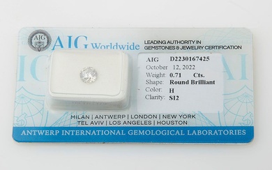 Diamant sur papier taille brillant de 0,71 ct couleur H pureté Si2. Certificat AIG.