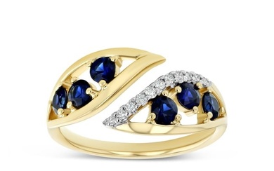 Diamond & Blue Sapphire Ring Set In 14k Yellow Gold