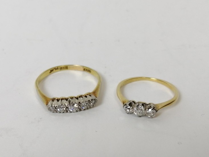 Diamond five stone ring and another three stone ring, '18ct ...