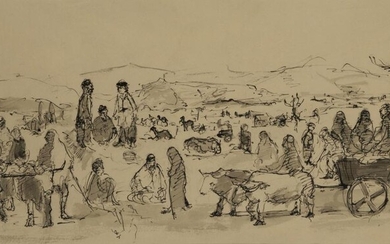 Dick Romyn, British 1915-2007 - On the way to Market, Egypt; pen and black ink and wash on paper, signed lower right 'Romyn', 24.5 x 61 cm (ARR) Provenance: Boundary Gallery, London