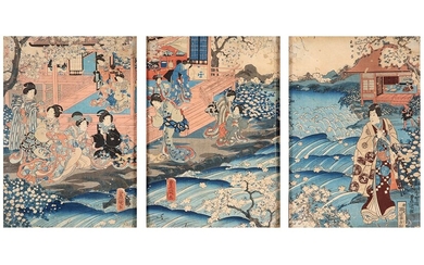 Drie (triptiek) sameningekaderde antieke Japanse houtsnedes met geanimeerde taferelen - 35,5 x 76 ||framed triptych...