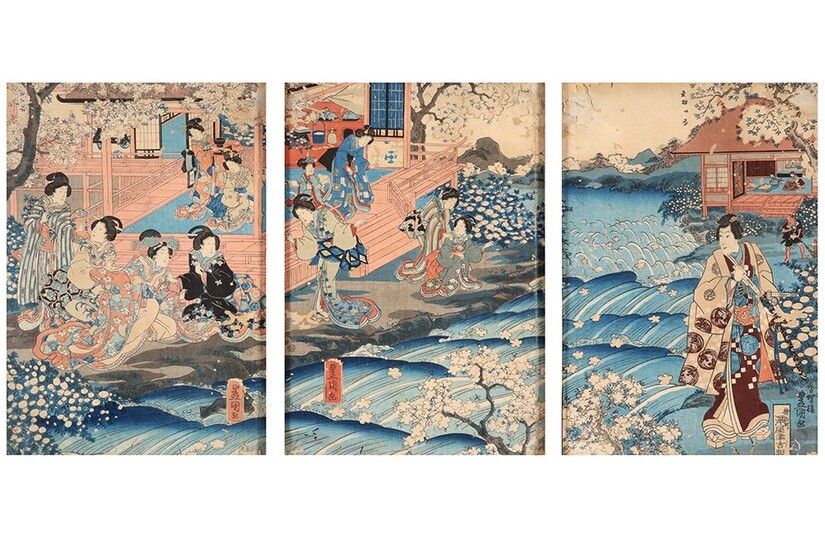 Drie (triptiek) sameningekaderde antieke Japanse houtsnedes met geanimeerde taferelen - 35,5 x 76 ||framed triptych...