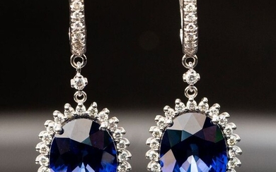 Drop Sapphire Earrings with diamonds - 14 kt. White gold - Earrings - 27.00 ct Sapphire - Diamond, 1.50ct Natural Diamond D VVS