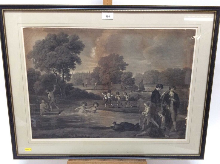 Early 19th century black and white engraving - Eton students in the river, 41cm x 59cm, in glazed frame